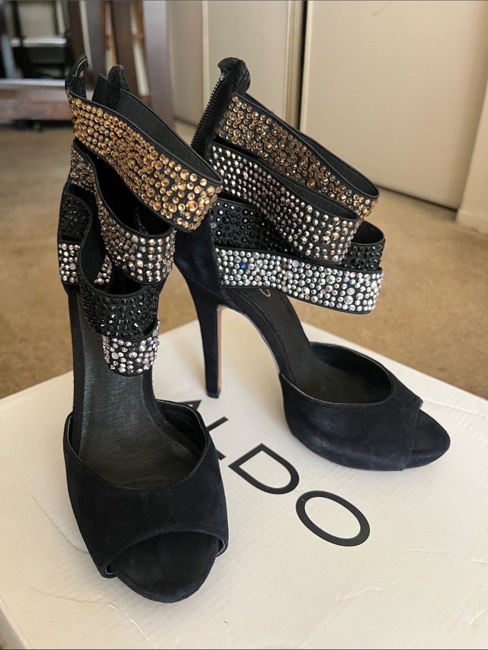 Aldo Black Suede Peep-Toe Heels with Gold and Silver Crystal Cuffs - Picture 2 of 5